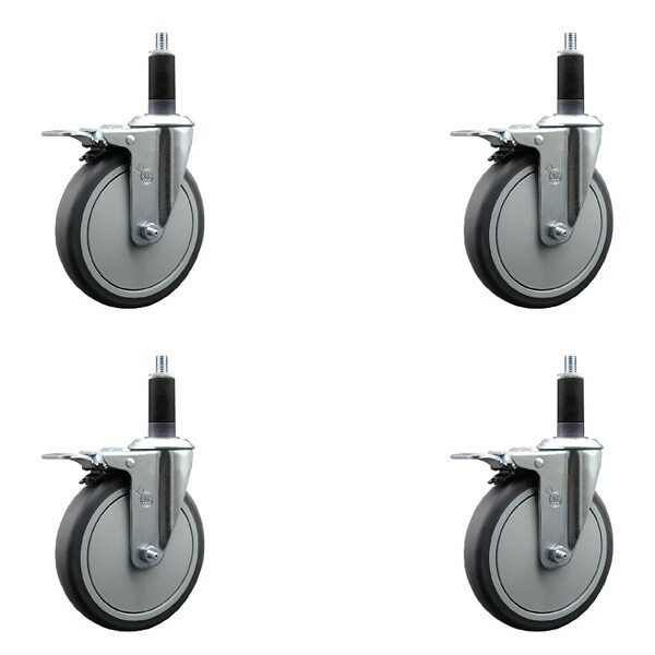 6'' Thermoplastic Rubber Swivel 1-1/8'' Expanding Stem Caster Set Total Lock Brake, 4PK